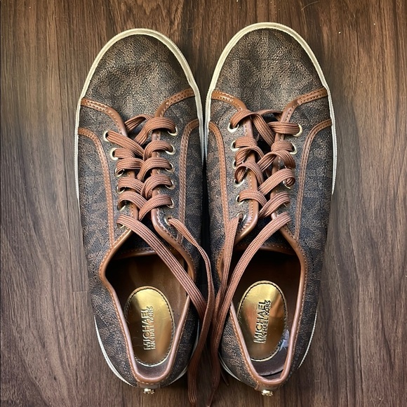 Michael Kors Monogram Brown and Tan Leather Sneakers Size 10M - Picture 3 of 8